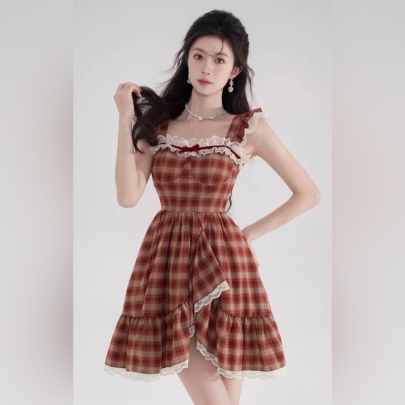 Palglg Sweetheart Check Tutu Red Plaid Babydoll Coquette Girl Dress Medium - Picture 1 of 13